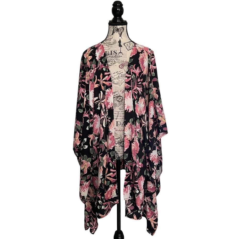 Floral Kimono Black Pink Open Front OS Women Dark Fairy Boho Sheer